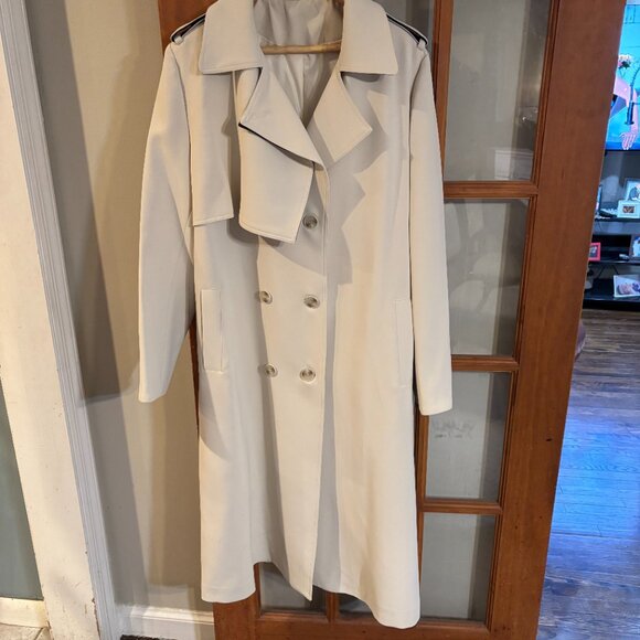 Beige/Black Women double breasted l, belted, long trench coat Size: Large - Picture 2 of 15